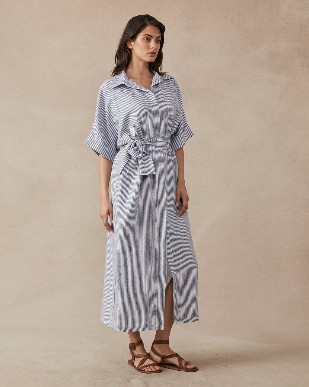 Shop Violet Dress in Navy Stripe Linen by Maggie The Label - Maggie The Label