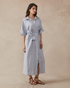 Shop Violet Dress in Navy Stripe Linen by Maggie The Label - Maggie The Label