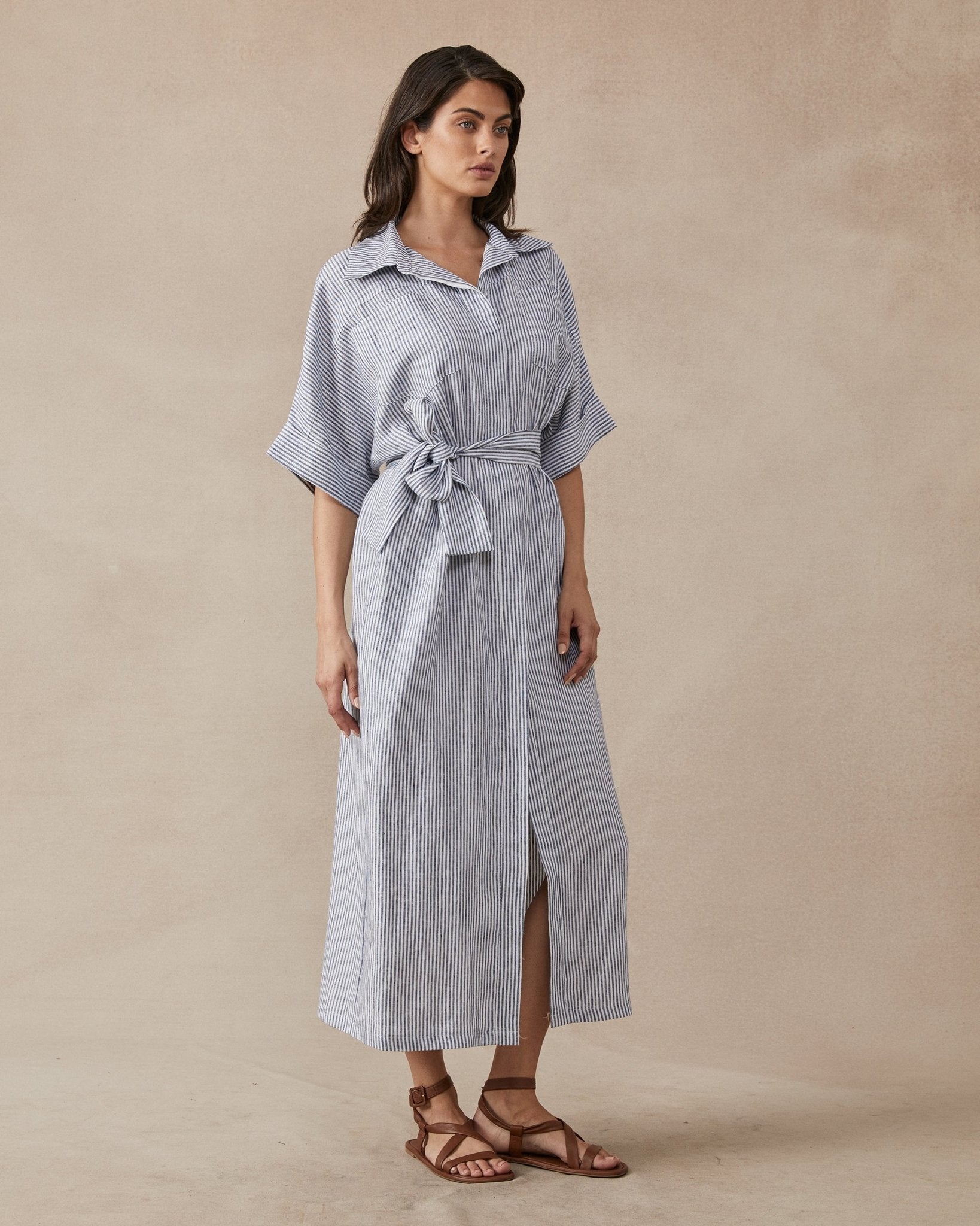 Shop Violet Dress in Navy Stripe Linen by Maggie The Label - Maggie The Label