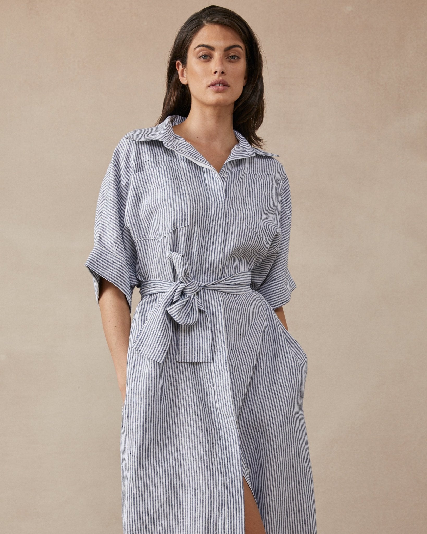 Shop Violet Dress in Navy Stripe Linen by Maggie The Label - Maggie The Label