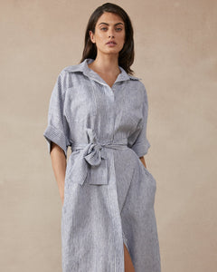 Shop Violet Dress in Navy Stripe Linen by Maggie The Label - Maggie The Label