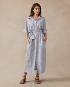 Shop Violet Dress in Navy Stripe Linen by Maggie The Label - Maggie The Label