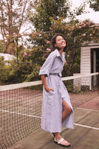 Shop Violet Dress in Navy Stripe Linen by Maggie The Label - Maggie The Label