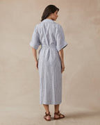 Shop Violet Dress in Navy Stripe Linen by Maggie The Label - Maggie The Label