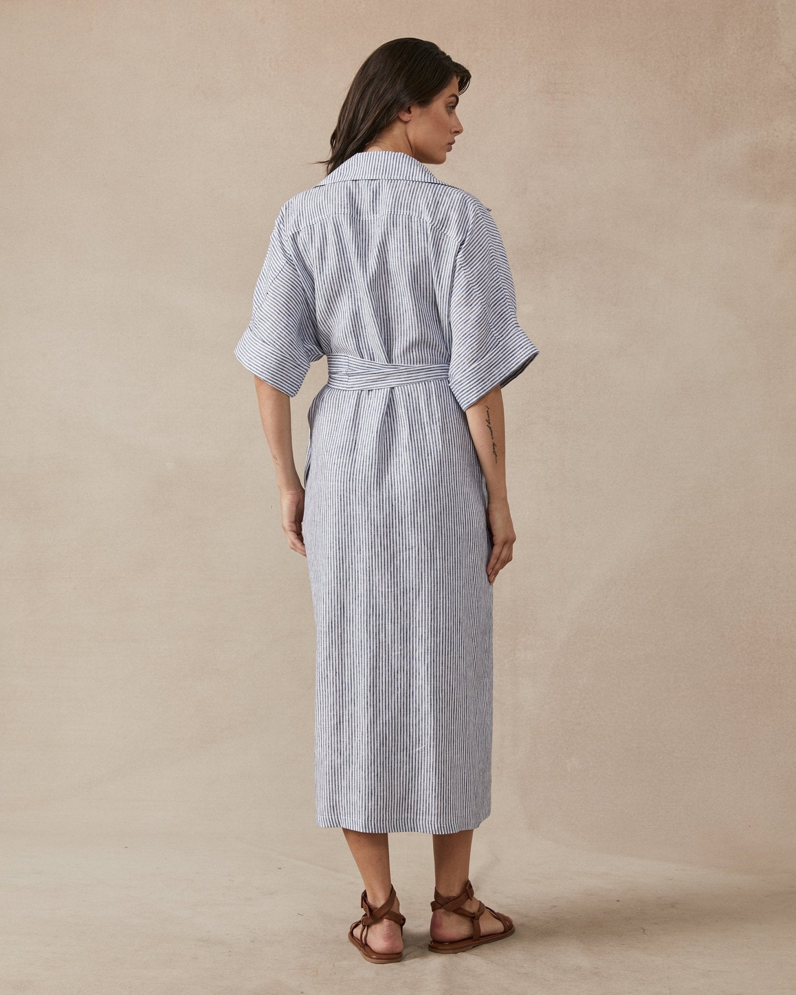 Shop Violet Dress in Navy Stripe Linen by Maggie The Label - Maggie The Label
