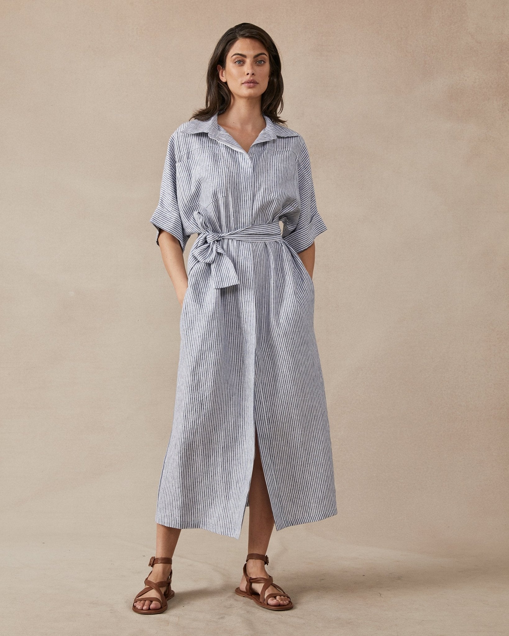 Shop Violet Dress in Navy Stripe Linen by Maggie The Label - Maggie The Label